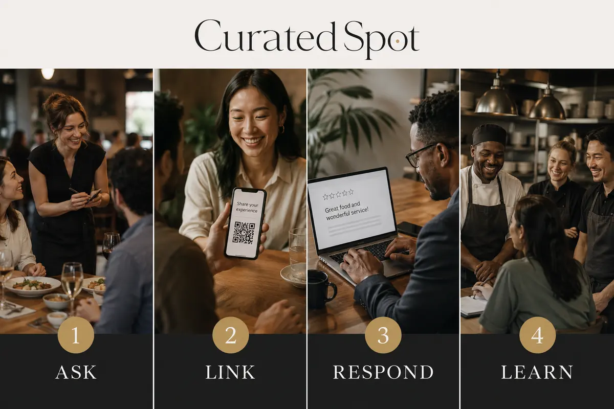 Vierstufiger Workflow für Restaurantbewertungen: fragen, verlinken, antworten und lernen