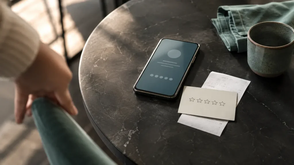 Eine respektvolle Anfrage für Restaurantbewertungen mit einer neutralen Fünf-Sterne-Karte und einem Smartphone.
