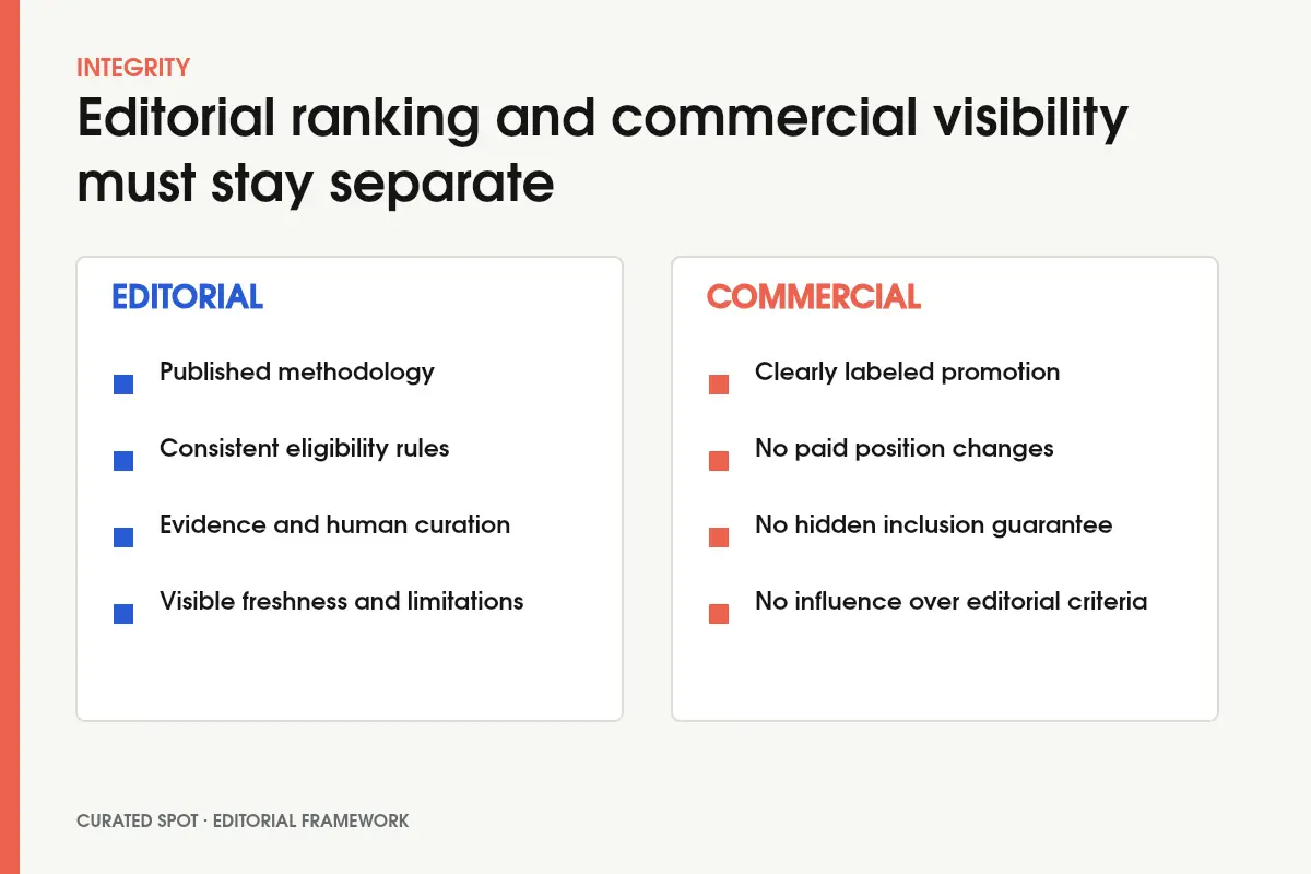 A comparison showing how editorial ranking and commercial visibility remain separate