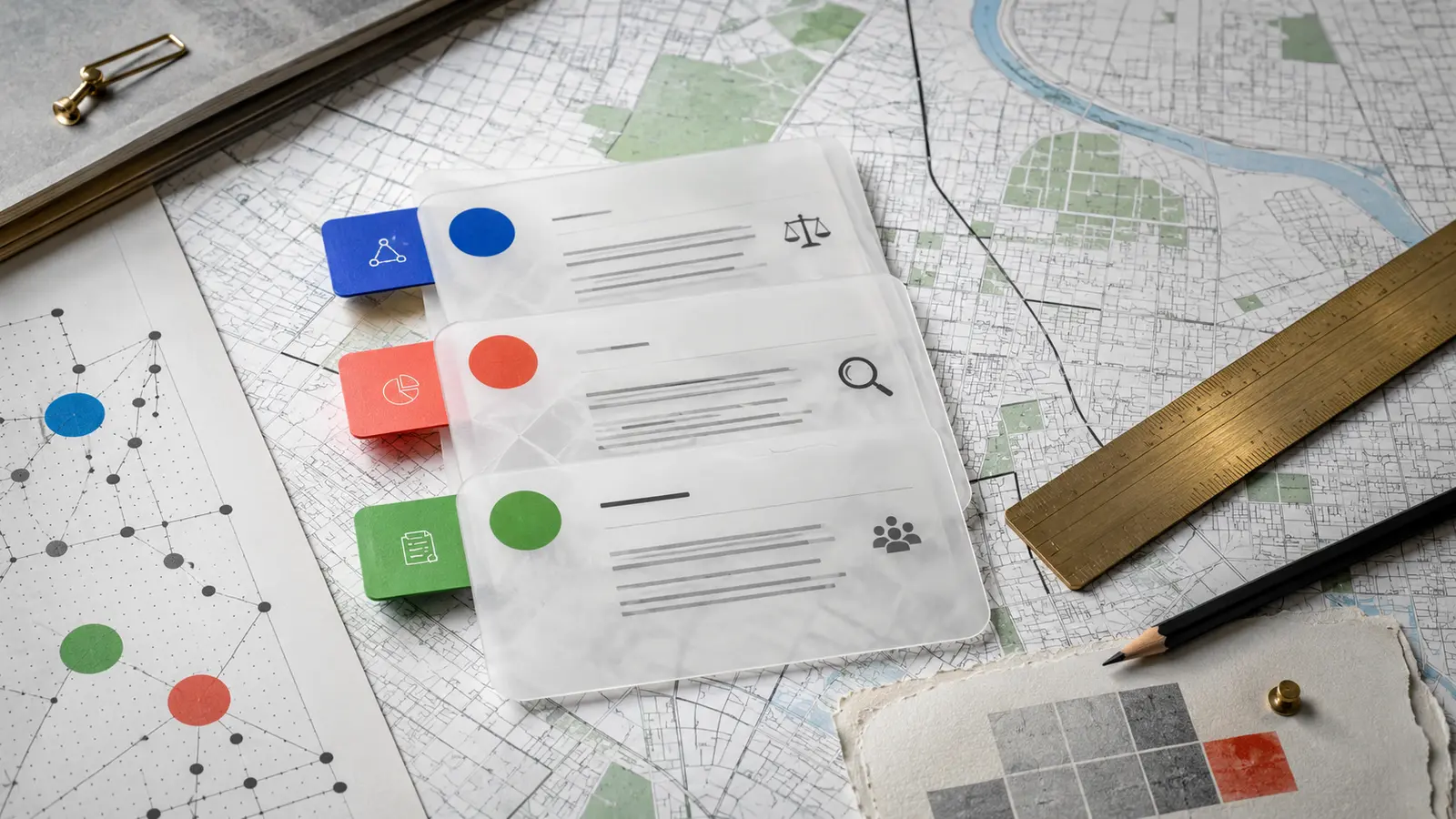 A city map, evidence cards, ruler, and curator pencil representing transparent local-ranking methodology.