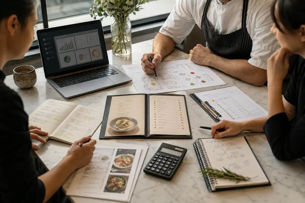 Équipe de restaurant examinant un menu, un plan de table, des réservations et des données opérationnelles