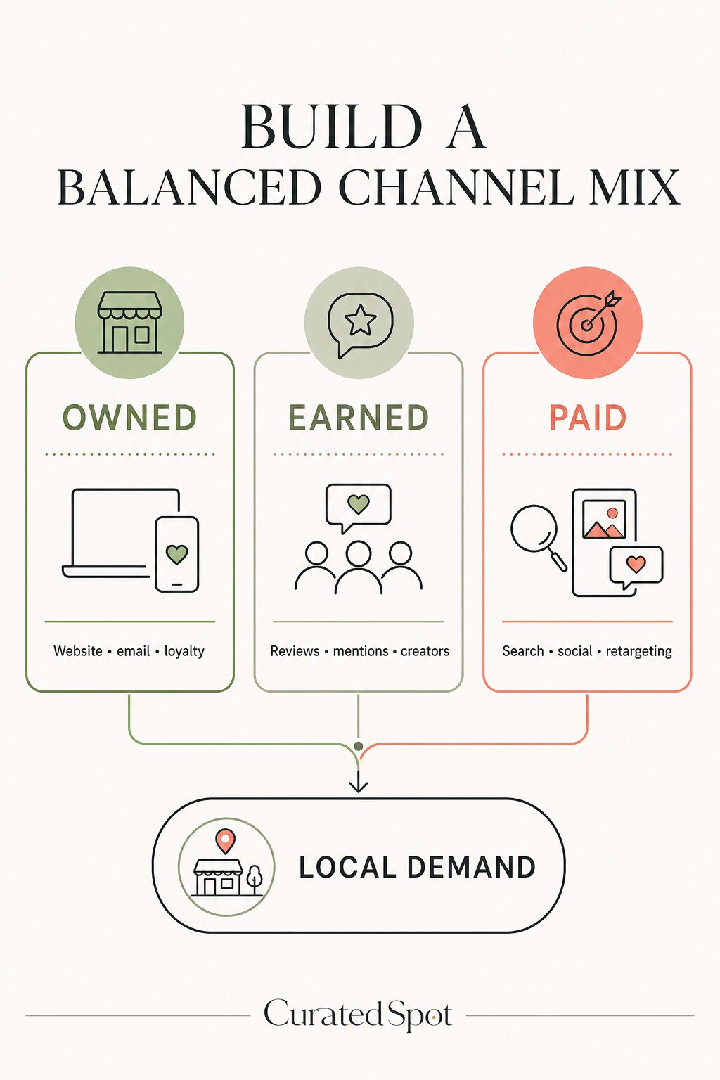Owned, earned and paid restaurant marketing channels connected to local demand
